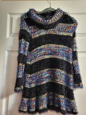 New Directions Fuzzy Stripe Turtleneck Sweater Dress in Black and Multicolor